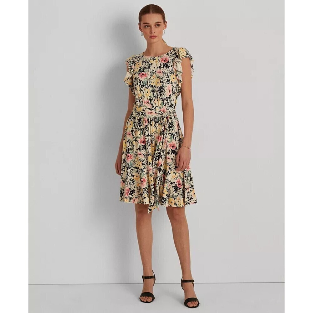 LAUREN RALPH LAUREN Yellow Black Floral Waist Tie Flutter Sleeve Jersey Dress 14